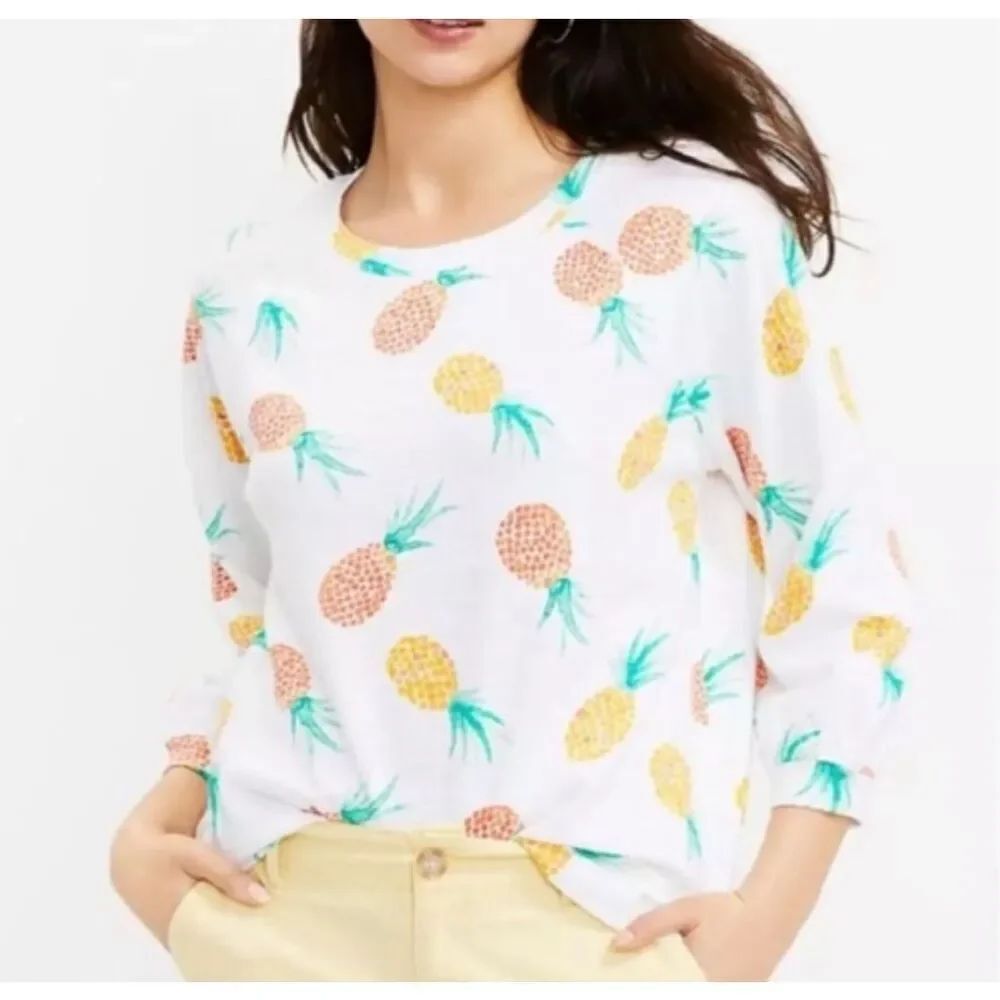 LOFT white cotton pineapple print 3/4 sleeve knit top sweatshirt sz Large